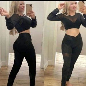 Set Leggings & Crop Top Mesh Long Sleeve Anticellulite  Gym Athletic Blacks' S/M